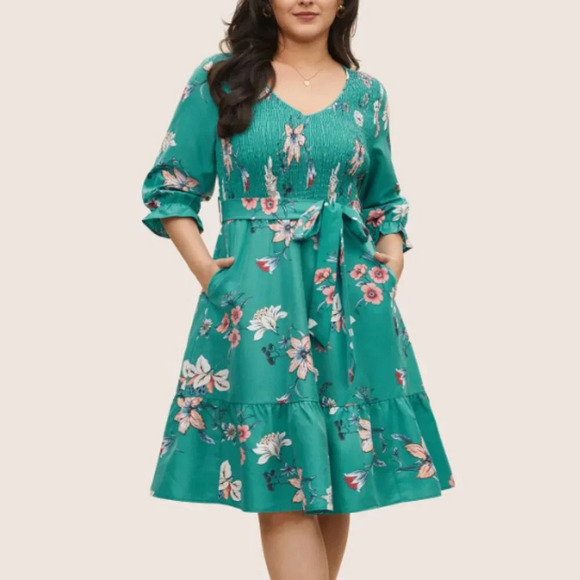 BloomChic Floral Print Shirred Front Ruffle Sleeve Dress - Picture 2 of 5